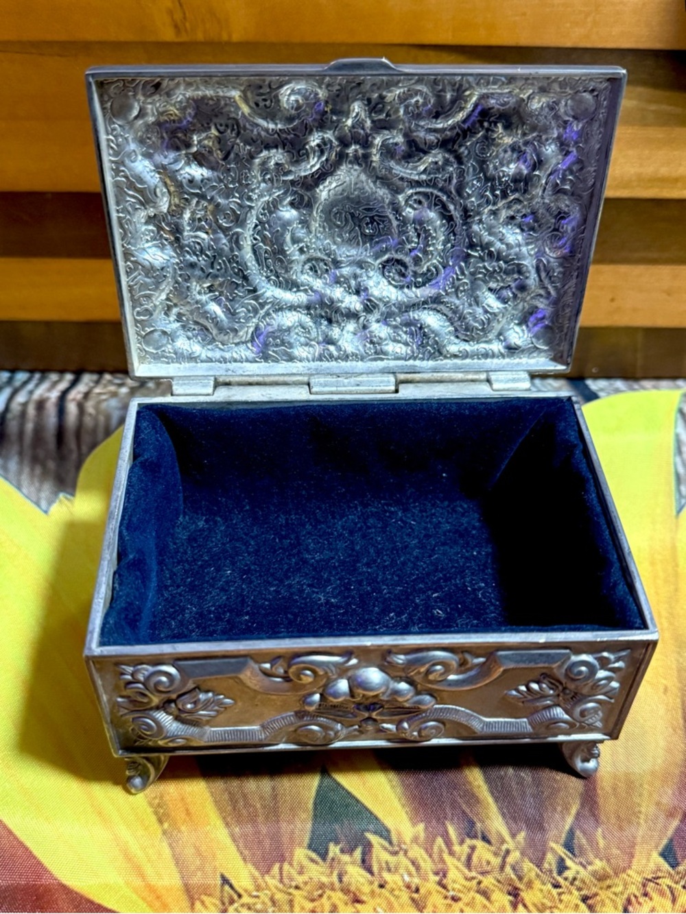 Vintage Art Nouveau Style Silver Plated Jewerly Box Trinket Box Blue Velvet - Picture 5 of 15
